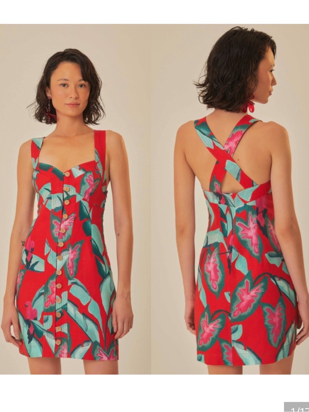 Farm Rio Summer Foliage Linen Mini Dress Size Small Tropical Full Button Summer